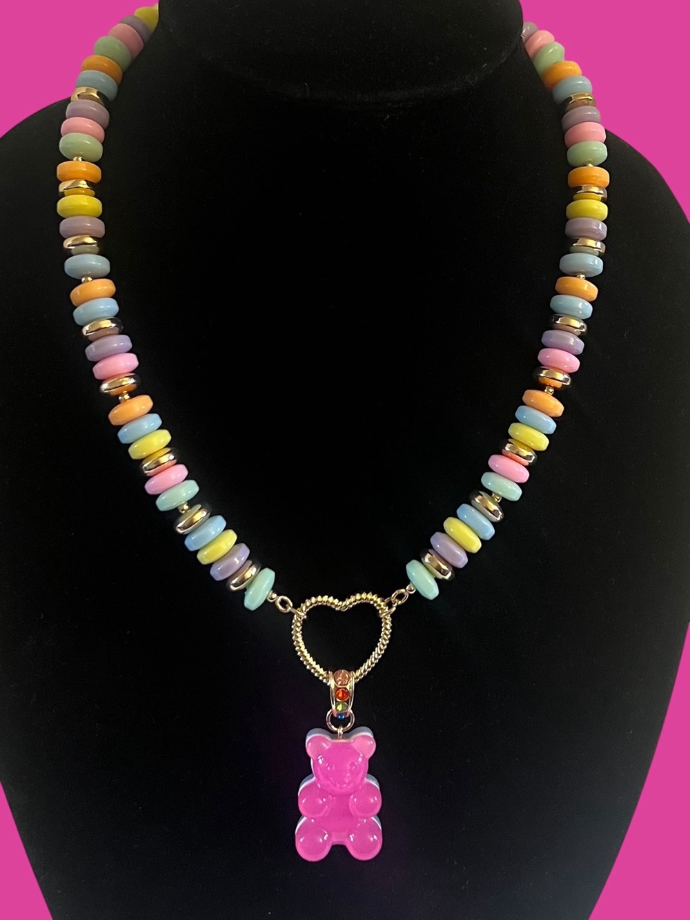 Betsey Johnson Pink Gummy Bear Charm Pastel Beaded Necklace